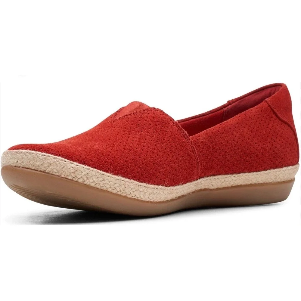 Clarks‎ Danelly Sky Rouge Red Suede Perforated Espadrille Slip On Loafers 8M NEW
